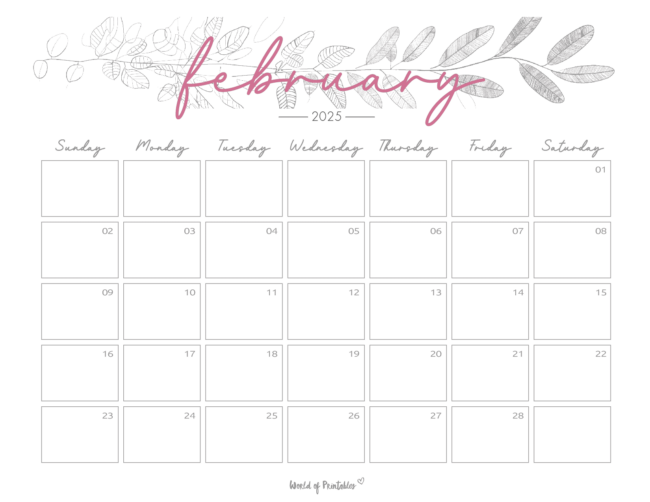 Elegant february 2025 calendar with botanical border and cursive pink header