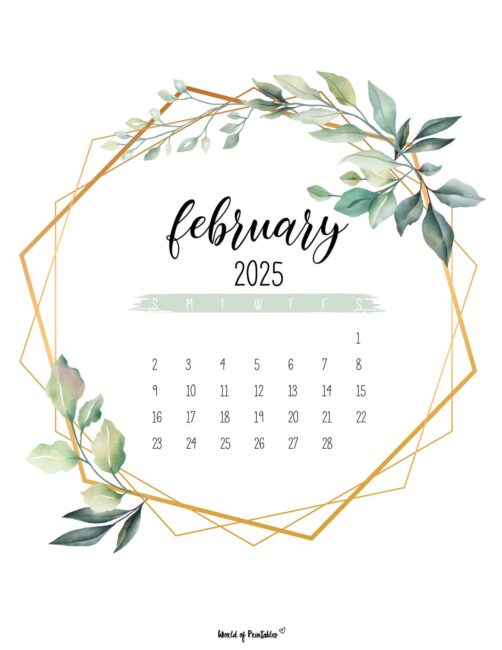 Elegant february 2025 calendar with gold geometric frame and leaves