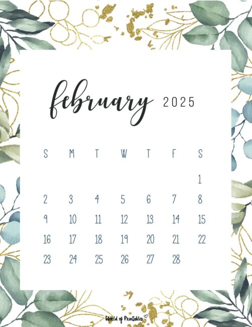 Elegant february 2025 calendar with green leaves and gold accents