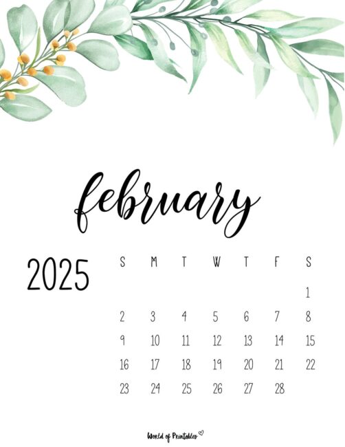 Elegant february 2025 calendar with watercolor foliage decoration