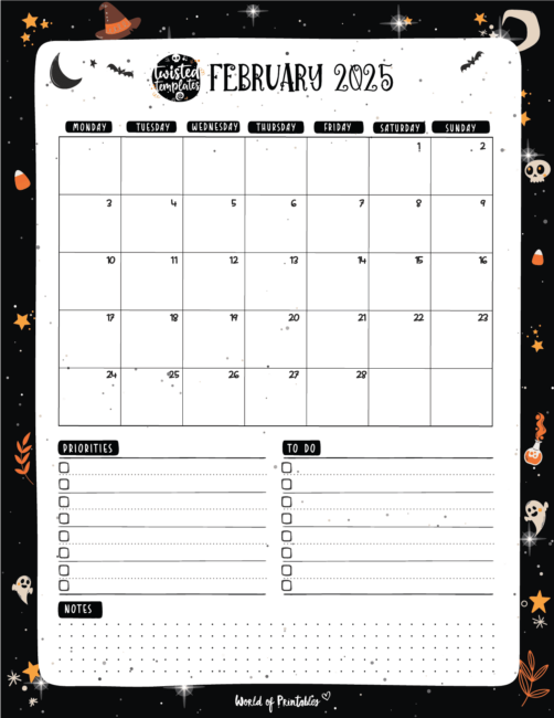 February 2025 calendar with Halloween theme with priorities and to-do list and notes