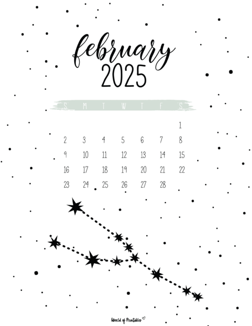 February 2025 calendar with starry night design and elegant script