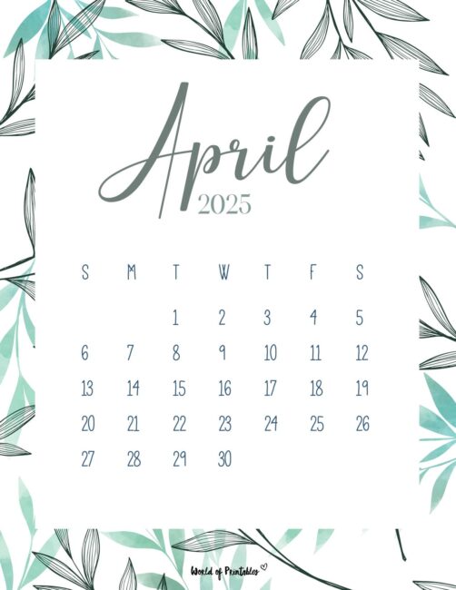 Floral April 2025 Calendar With Green Leaves and Elegant Font