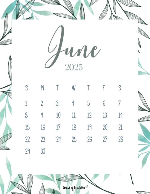 Floral June 2025 Calendar With Green Leaves and Elegant Font