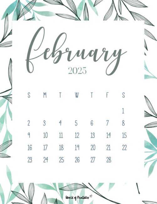 Floral february 2025 calendar with green leaves and elegant font