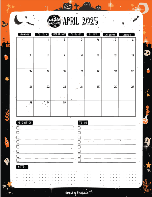 Halloween-Themed April 2025 Calendar With Priorities to-Do List and Notes Sections