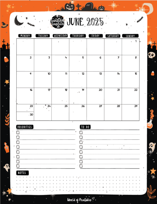 Halloween-Themed June 2025 Calendar With Priorities to-Do List and Notes Sections