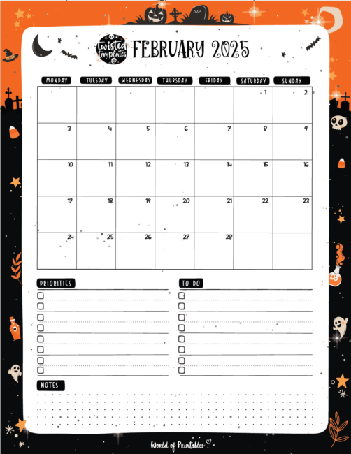 Halloween-themed February 2025 calendar with priorities to-do list and notes sections