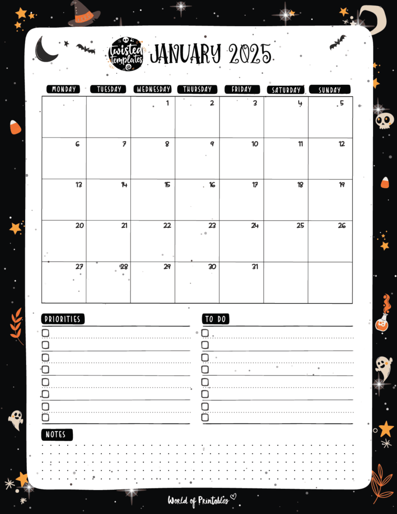 January 2025 calendar with Halloween theme with priorities and to-do list and notes