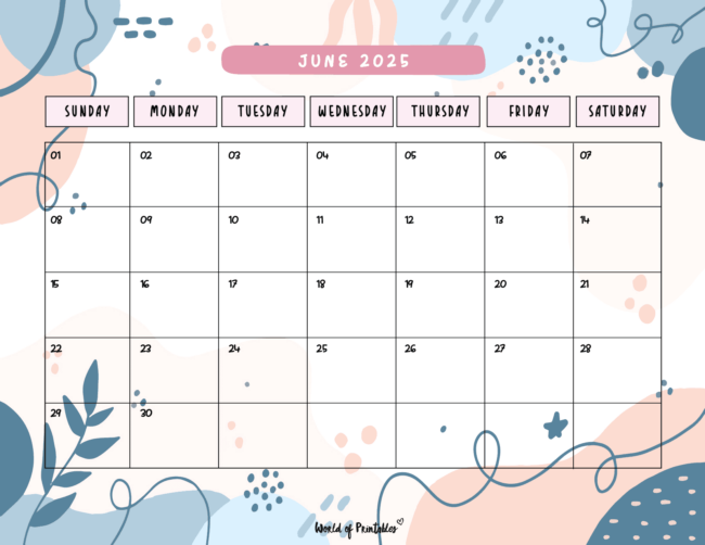 June 2025 Calendar With Abstract Colorful Shapes and Clear Layout