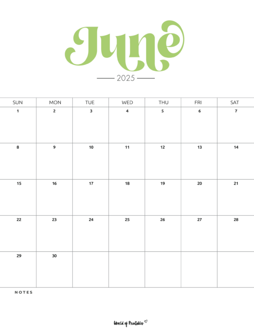 June 2025 Calendar With Bold Header in a Minimalistic Design With a Notes Section