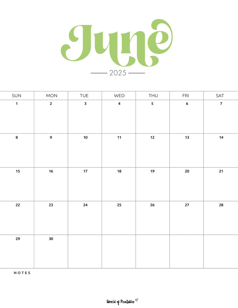 June 2025 Calendar With Bold Header in a Minimalistic Design With a Notes Section