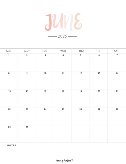 June 2025 Calendar With Colorful Header and Minimalistic Design and a Notes Section