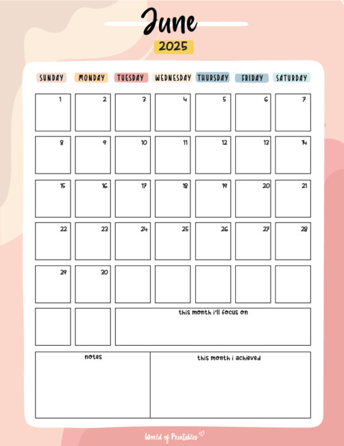 June 2025 Calendar With Colorful Sections for Goals and Notes and Achievements