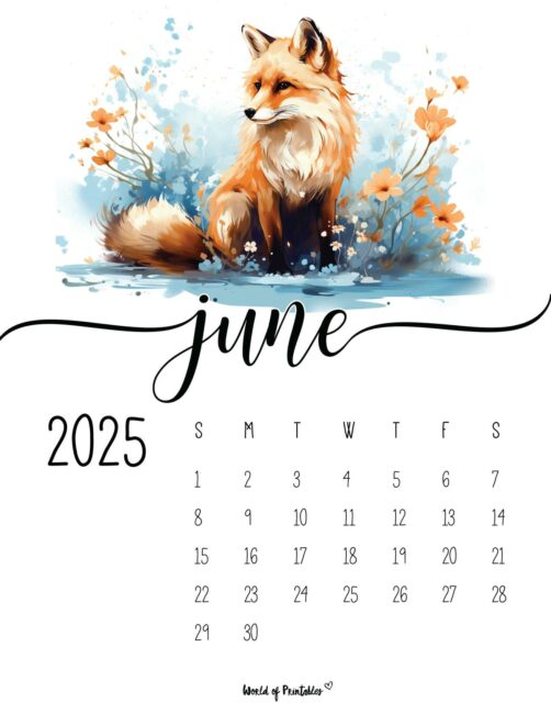 June 2025 Calendar With Colorful Watercolor Fox Design and Elegant Script Text