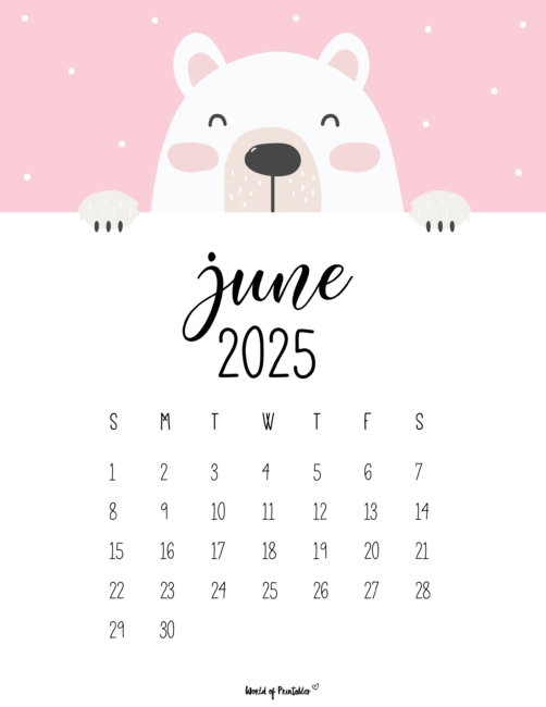 June 2025 Calendar With Cute Bear and Pink Background