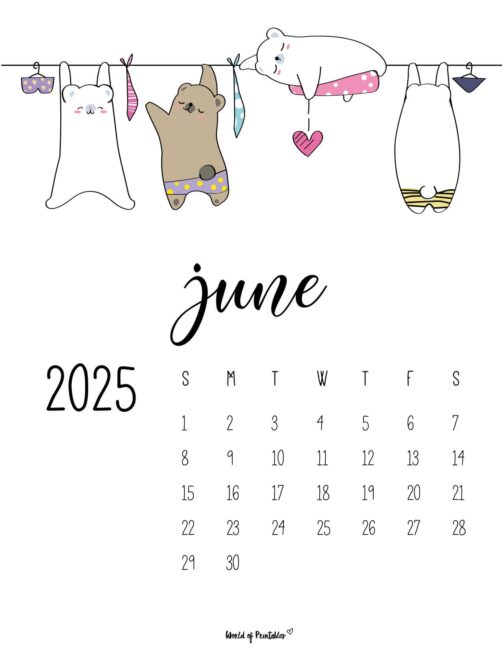 June 2025 Calendar With Cute Bears Hanging on a Clothesline