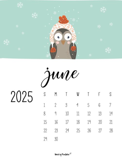 June 2025 Calendar With Cute Bird in Scarf and Snowflakes