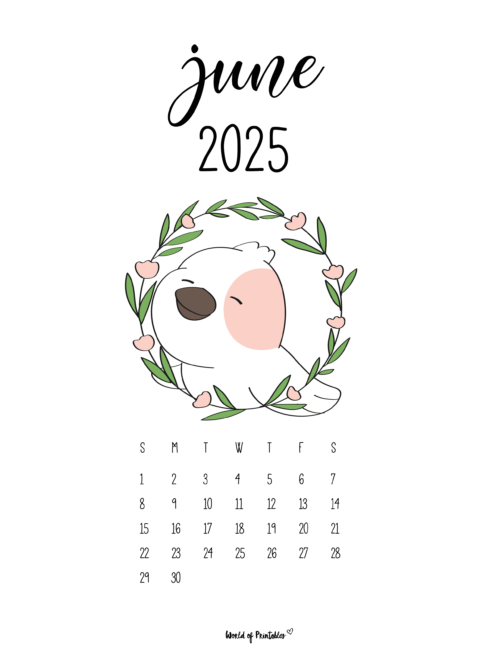 June 2025 Calendar With Cute Bunny and Floral Wreath Design