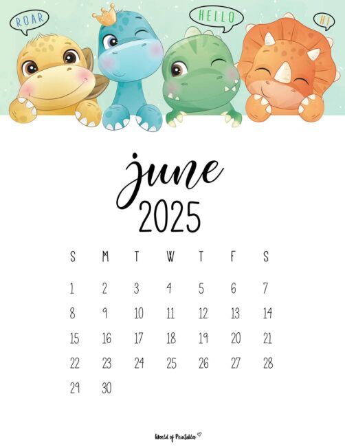 June 2025 Calendar With Cute Cartoon Dinosaurs and Playful Design