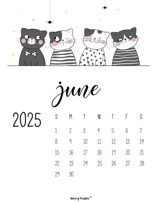 June 2025 Calendar With Cute Cats and Hanging Spiders Design