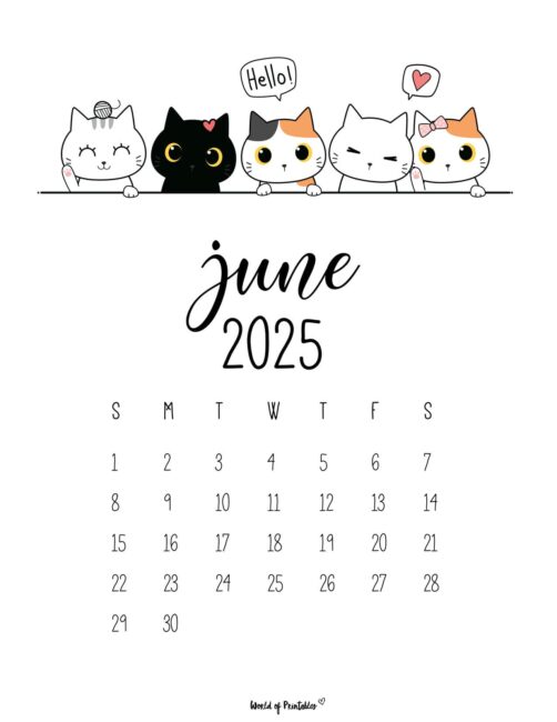 June 2025 Calendar With Cute Cats and Playful Design