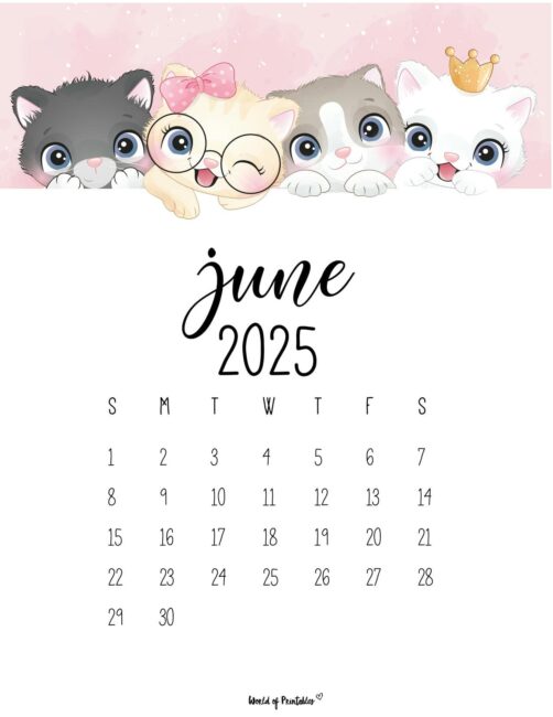 June 2025 Calendar With Cute Cats and Playful Design Elements