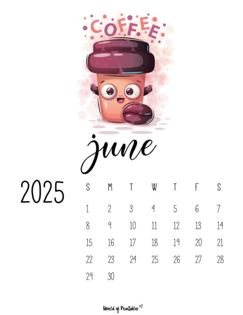 June 2025 Calendar With Cute Coffee Cup Illustration