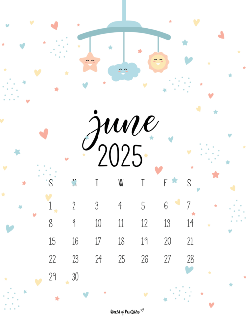 June 2025 Calendar With Cute Mobile and Heart Decorations