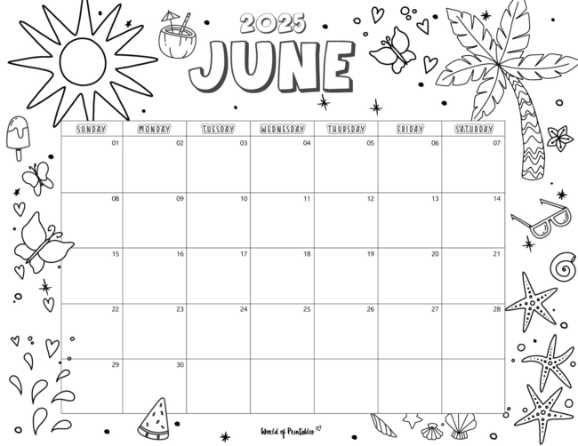 June 2025 Calendar With Cute Summer-Themed Doodles and Ample Writing Space