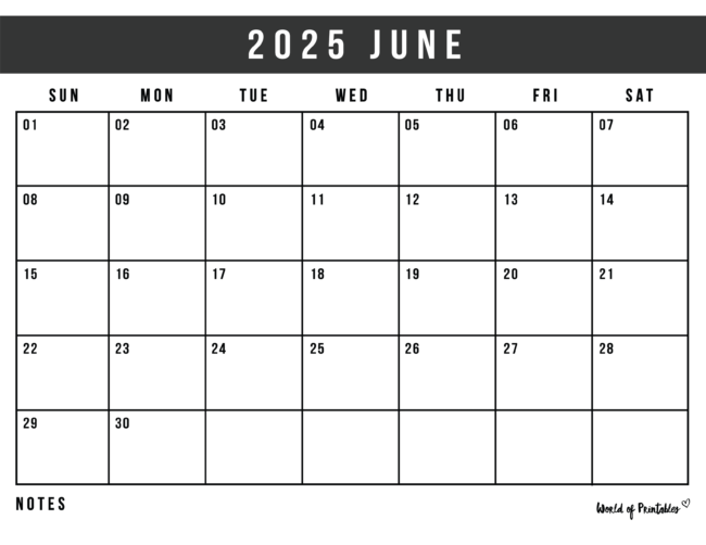 June 2025 Calendar With Days of the Week and Notes Section