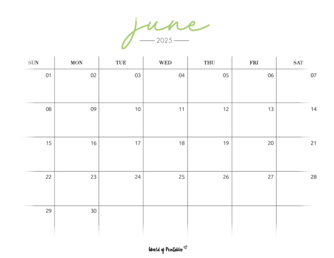 June 2025 Calendar With Elegant Script Font With a Spacious Layout in a Sunday Start Version