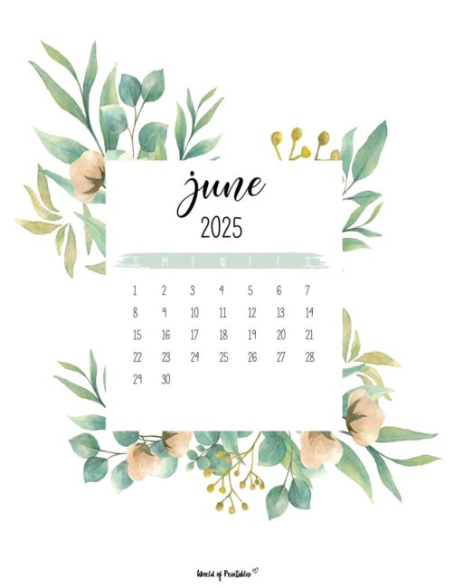 June 2025 Calendar With Floral Border and Elegant Script Font