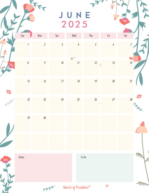 June 2025 Calendar With Floral Design and Notes and to-Do Sections