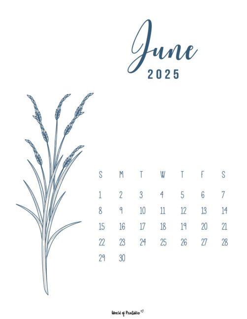 June 2025 Calendar With Floral Illustration and Elegant Blue Script