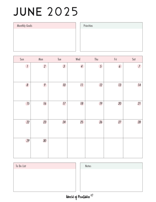 June 2025 Calendar With Goals and Priorities and to-Do List and Notes