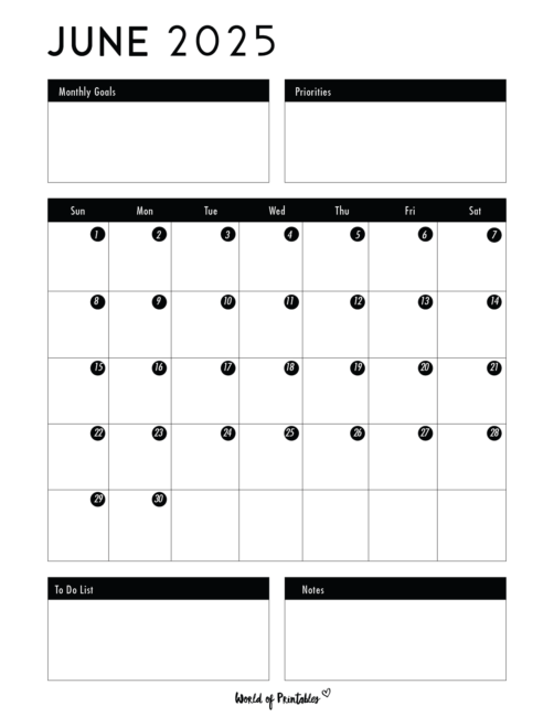 June 2025 Calendar With Goals and Priorities and to-Do List and Notes Sections