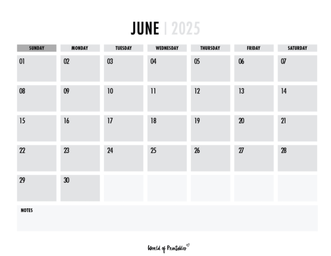June 2025 Calendar With Gray Boxes for Each Day and Notes Section Below