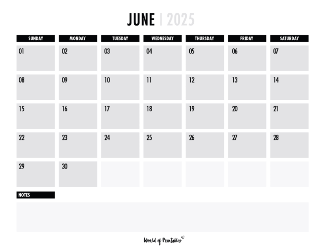 June 2025 Calendar With Gray Daily Boxes and Notes Section and Black Headers