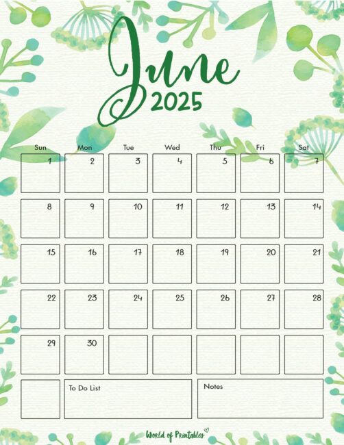 June 2025 Calendar With Green Botanical Design and Notes and to-Do Sections