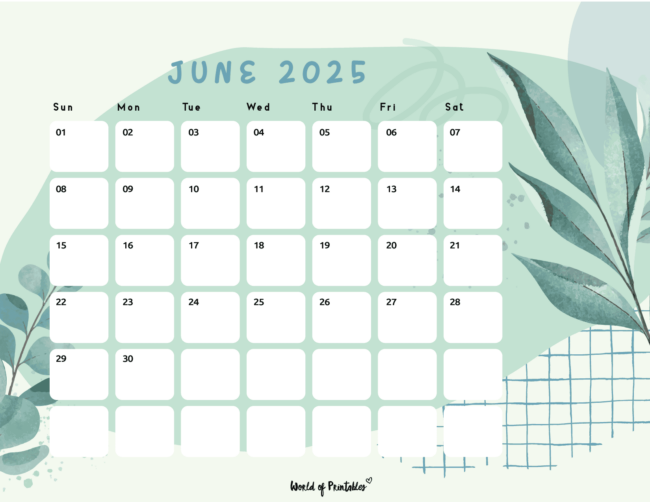 June 2025 Calendar With Green Leafy Design and Grid Accents
