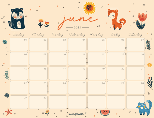June 2025 Calendar With Hand-Drawn Summer Elements and Soft Pastel Colors