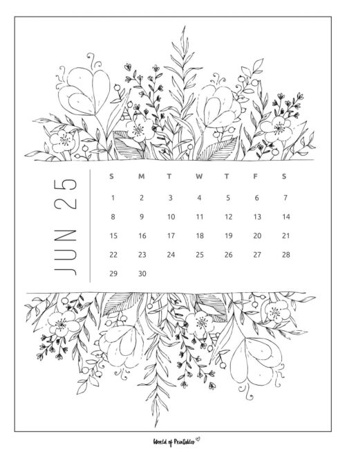June 2025 Calendar With Intricate Floral Design and Vertical Text