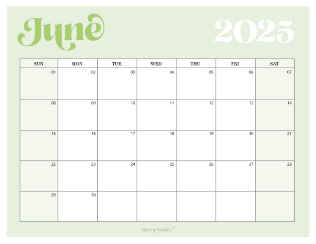 June 2025 Calendar With Large Playful Fonts With a Light Green Background and Spacious Layout