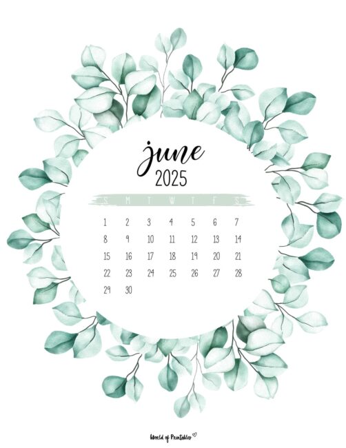 June 2025 Calendar With Leafy Wreath Design and Elegant Script