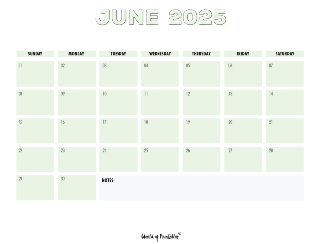 June 2025 Calendar With Light Green Design With Large Header and a Notes Section