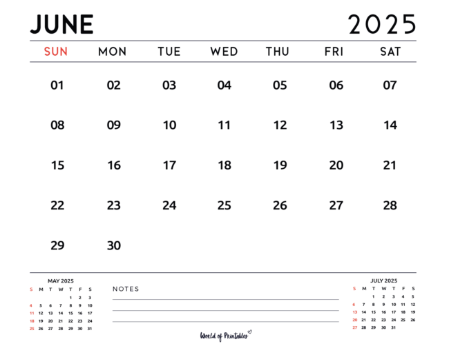 June 2025 Calendar With Notes Section With Mini Calendar Previews