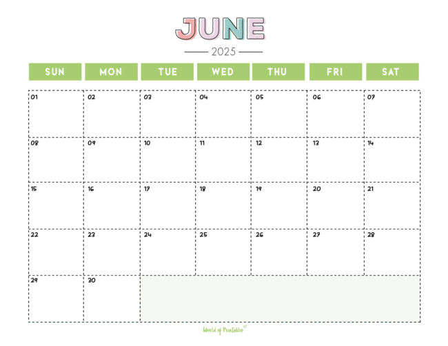 June 2025 Calendar With Pastel Colors and Dotted Squares for Each Day