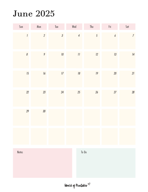 June 2025 Calendar With Pastel Colors and Note Sections