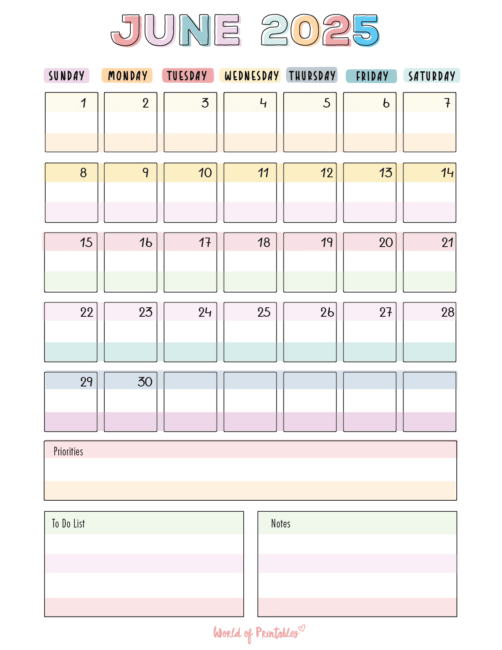 June 2025 Calendar With Pastel Colors and Priorities and to-Do List and Notes Sections